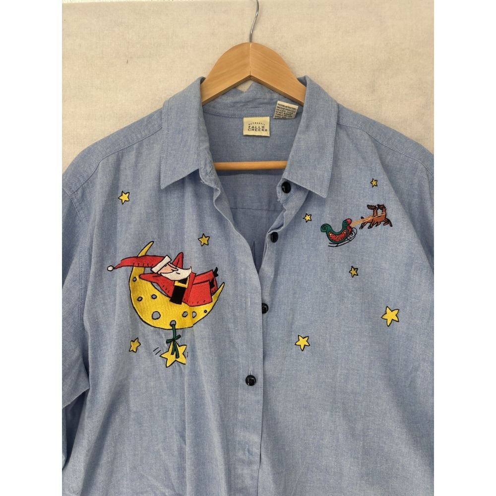 Vintage Falls Creek Embroidered Santa Sleeping On The Moon Denim Button Down 20W